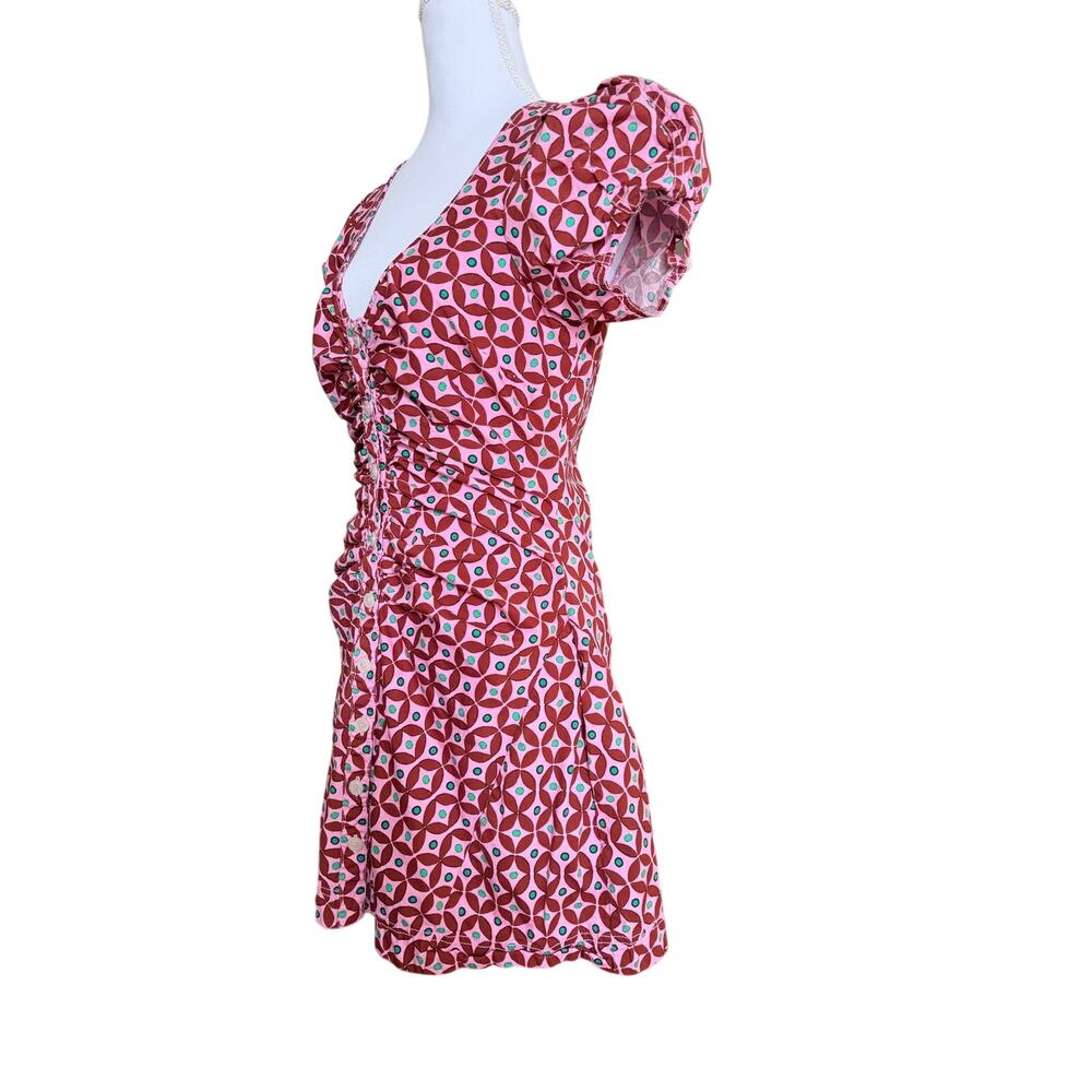 Free People Oakley Mini Geometric Print Mini Dress Pink Puff Sleeve Ruched - Picture 9 of 10